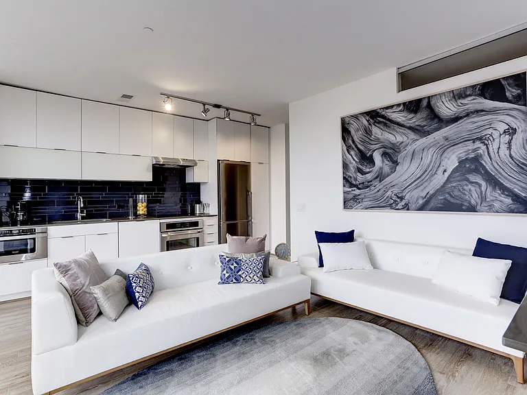 Two-bedroom living room and kitchen (staged)