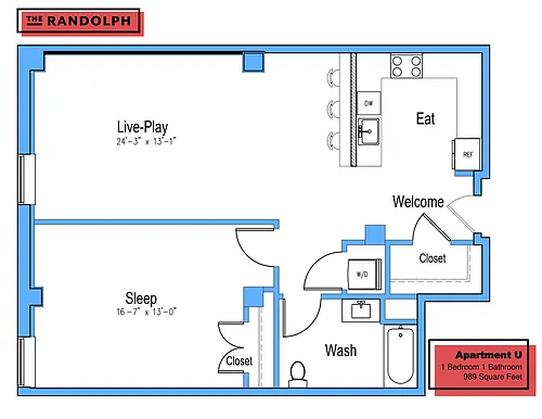 Floor plan 1 Bed 1Bath HU
