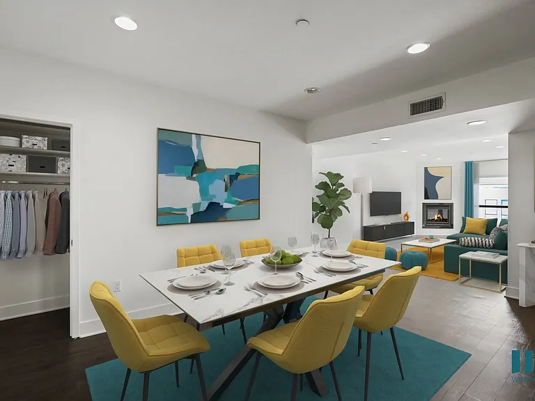 Dining and Living Room with Hall Closet, Fireplace, Vinyl Flooring, and Recessed Lighting