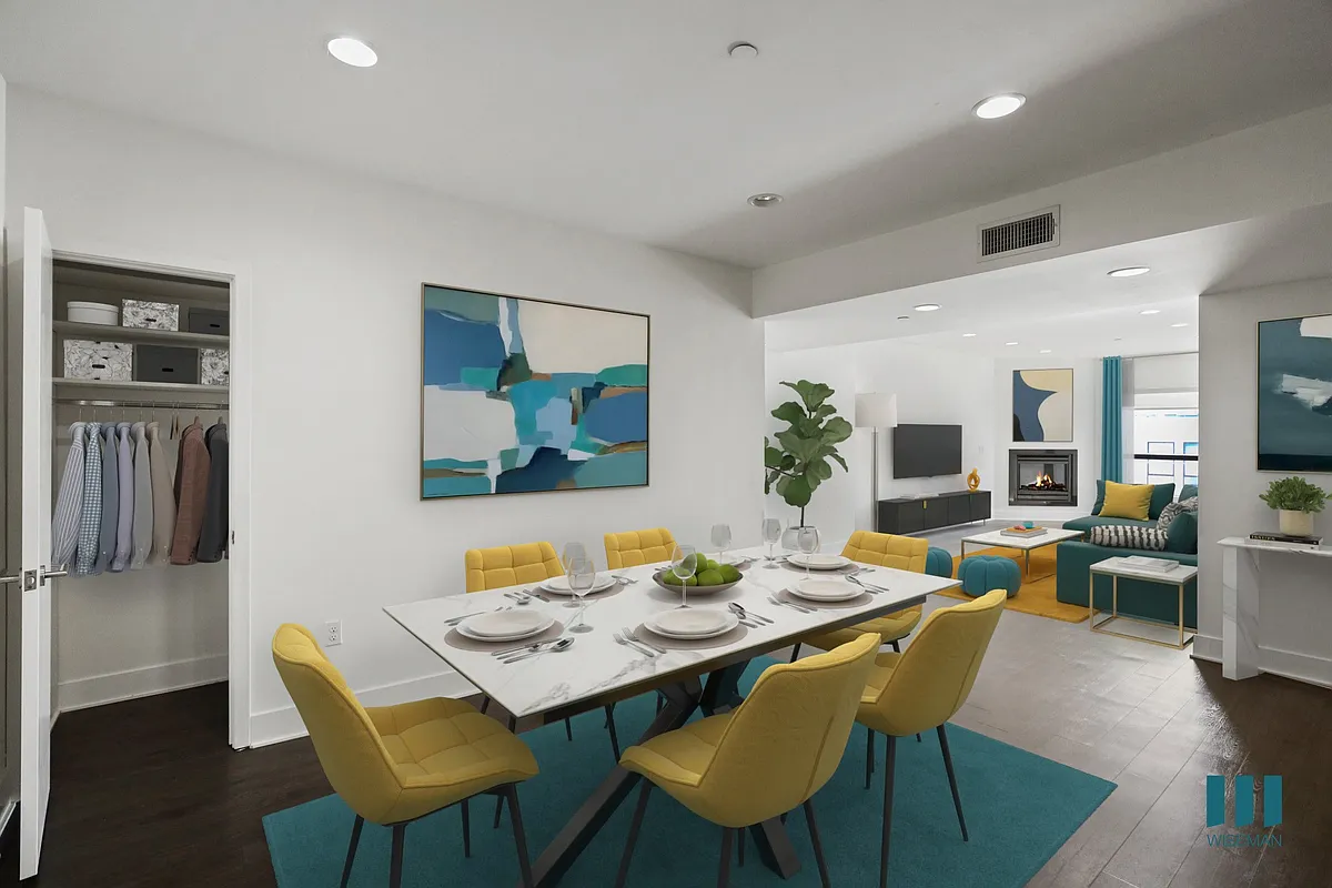 Dining and Living Room with Hall Closet, Fireplace, Vinyl Flooring, and Recessed Lighting - Darlington Center by Wiseman