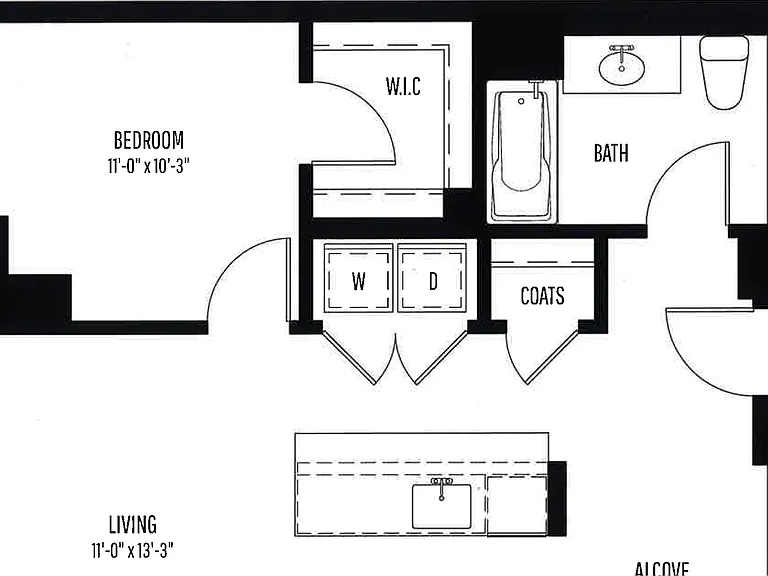 1 BR, 1 BTH floor plan 1225 Old Town