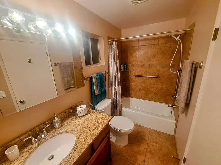 Main bath with shower/tub and grab bars