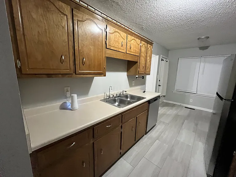Kitchen with dishwasher, oven, refrigerator, freezer, oven, and microwave.