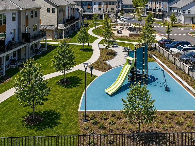 Aerial view of townhomes and courtyard