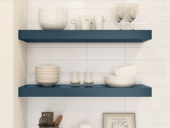 Floating shelves and white backsplash in kitchen