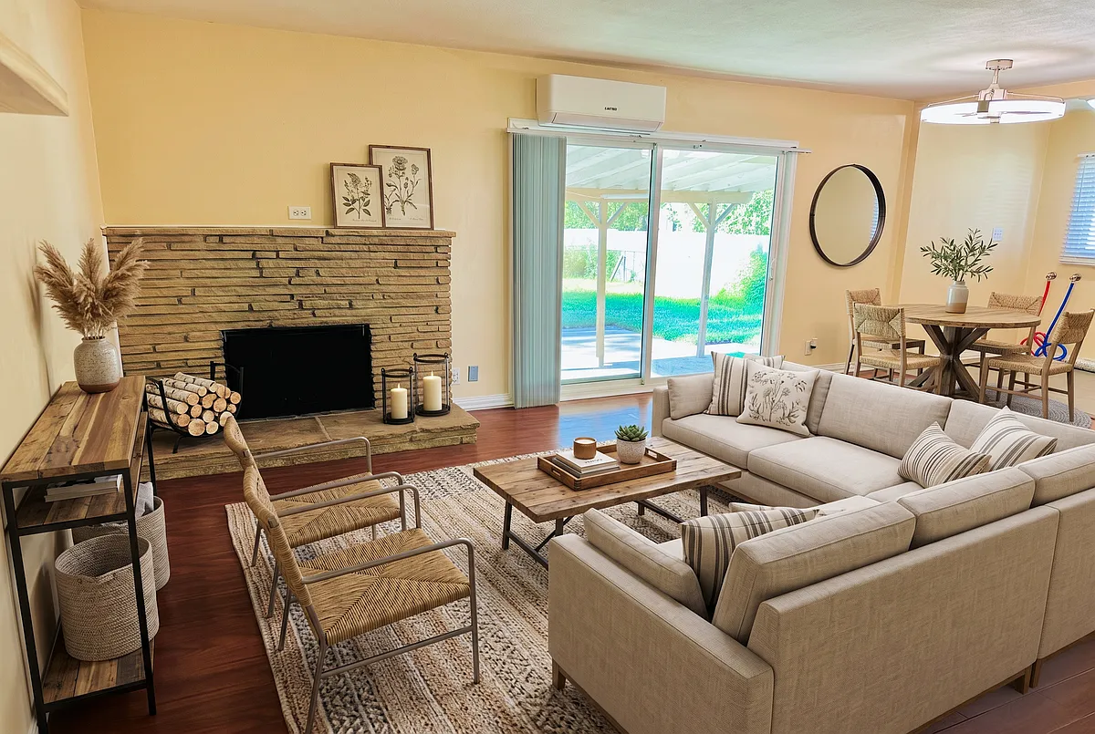 Virtually Staged living Room, Fireplace & Dining Room - 1375 N Sunflower Ave