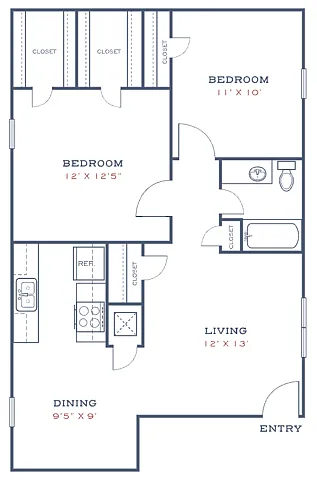 Floor plan B1 2 Bedrooms, 1 Bath