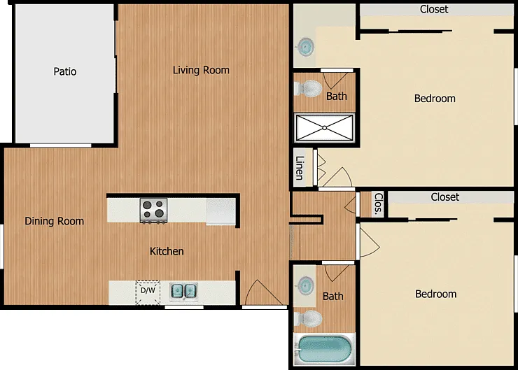2 Bed 2 Bath Floorplan Diagram