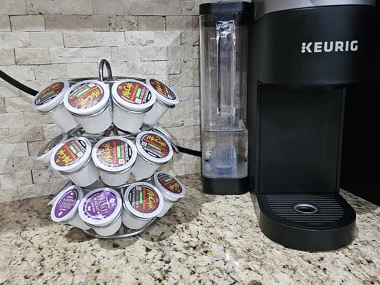 Keurig coffee maker and some coffee to start you off.