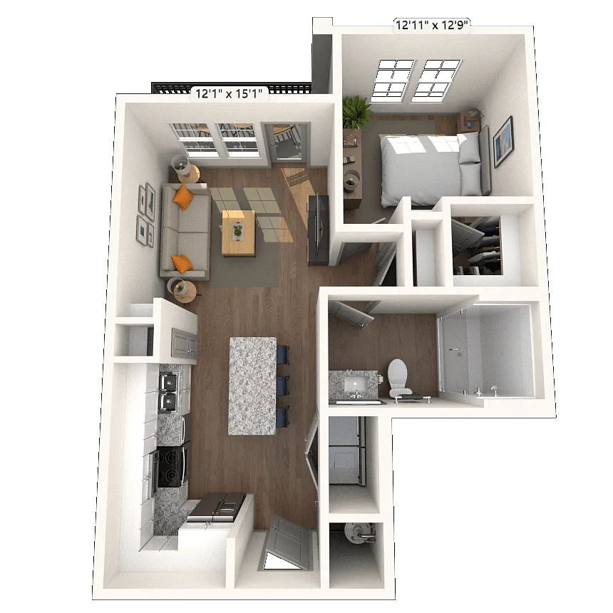 Floor plan A1 1x1 728 SF