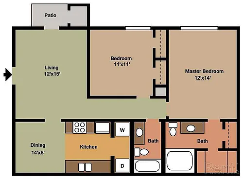 Floor plan Brentwood 2 bed 2 bath 1040sqft