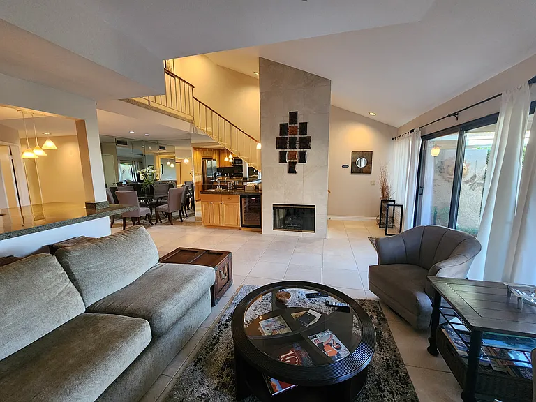 Dining room with view of golf course and lake