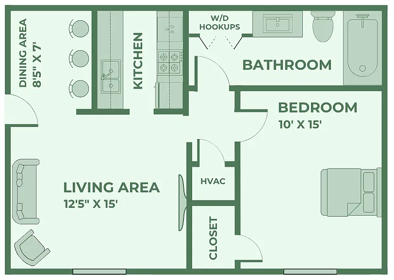 Floor plan 1 Bedroom, 1 Bathroom + W/D Hookups - Classic