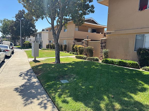 Looking from side towards front entrance of building.
