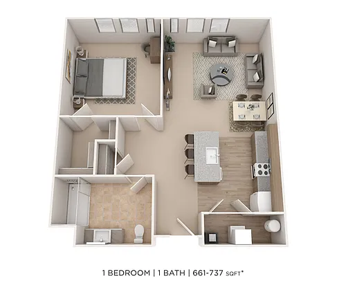 Floor plan One Bedroom- 661-737 sqft