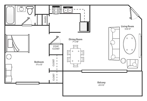 Floor plan 1 Bedroom 1 Bath - Affordable 60%