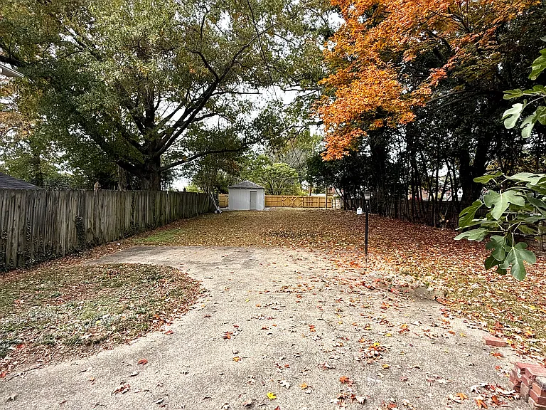 Back yard with large patio area and storage