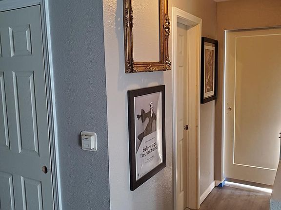 View from LR to hall, bath, bedroom with barn door