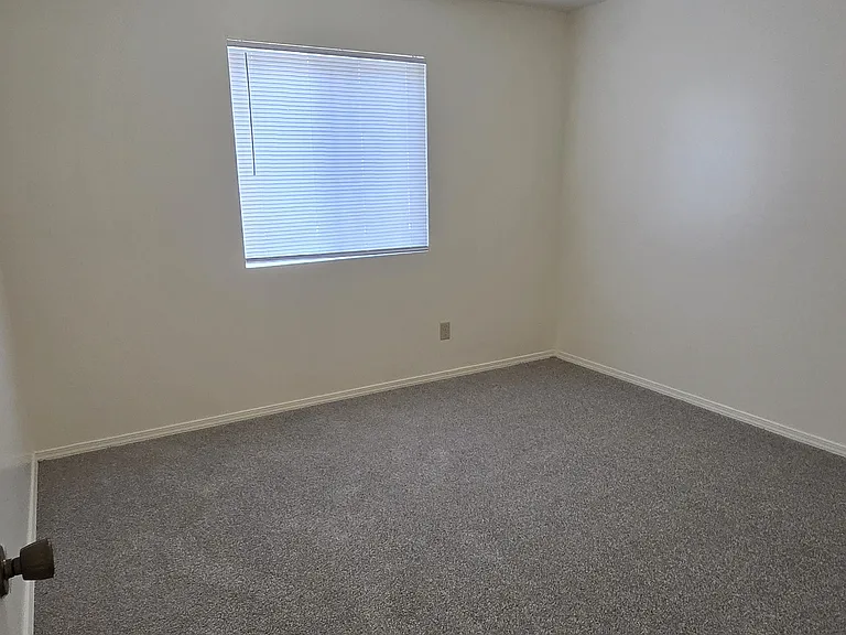 Comfortable bedroom featuring new carpet, fresh neutral paint, and a window for natural light.