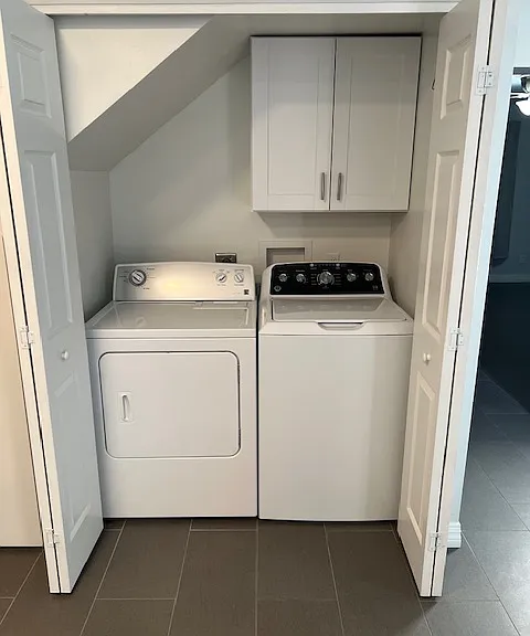 Laundry Closet off Kitchen, New Door Hardware, Laundry Cabinet, Brand New Washer, Excellent Condition Dryer, Tile and Grout Flooring, Freshly Painted Ceiling, Walls, Baseboard Molding.