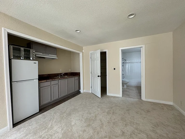 Kitchen, door to laundry machine, and sliding door to bathroom