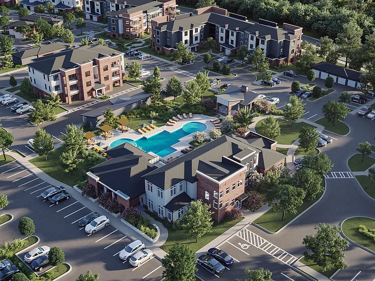 Birdeye View of Buildings and Swimming Pool