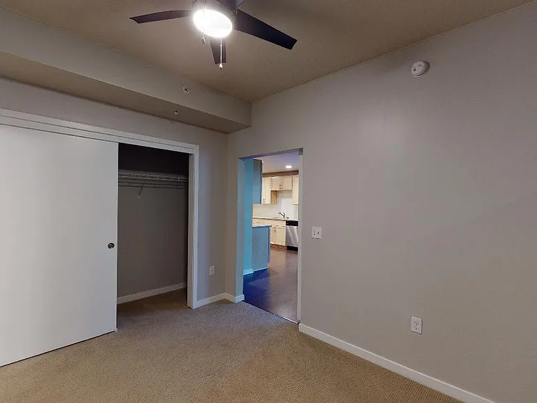 Spacious apartment bedroom with plush carpet flooring.