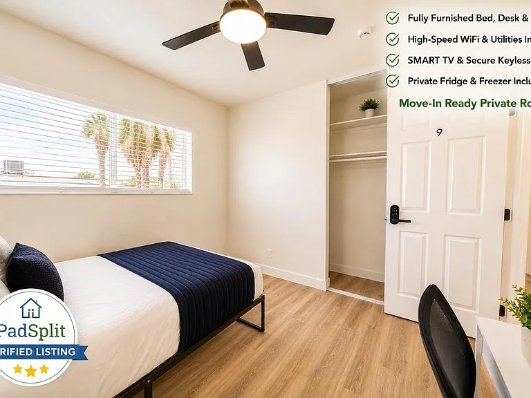 Furnished private bedroom with ceiling fan, large window, and spacious closet with sliding door for easy storage.