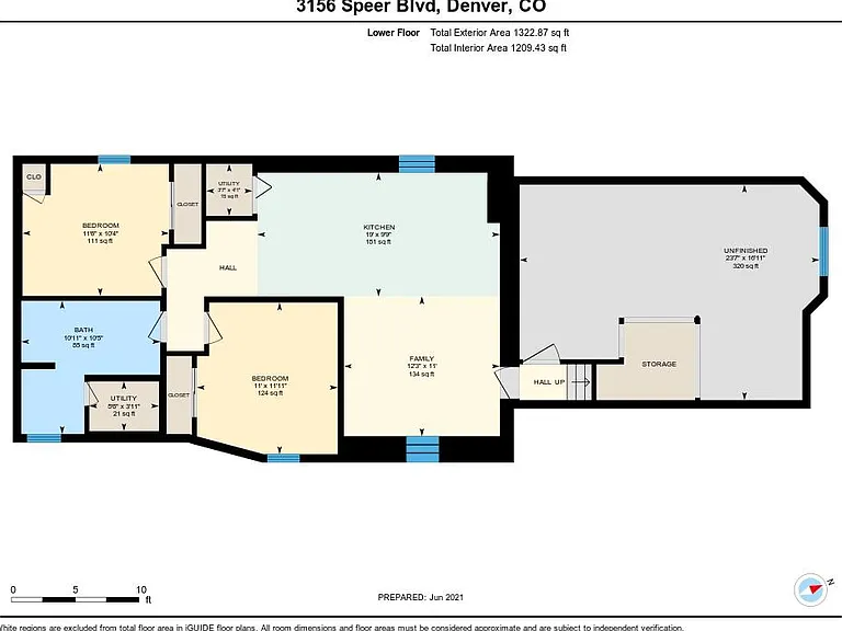 Downstairs floor plan featuring two bedrooms and full living quarters. There is also a large unfinished basement for storage.