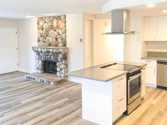 Large stone wood burning fireplace