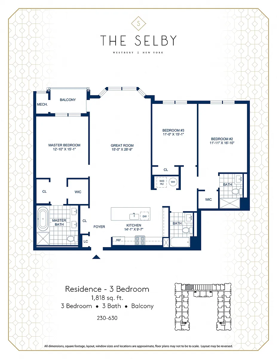 Floor plan 3 Bed - 3 Bath - Balcony