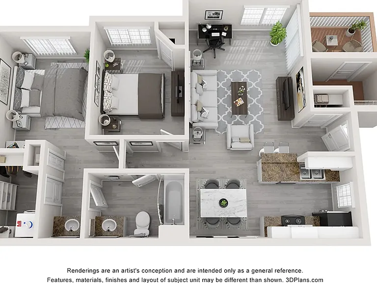A 3D floor plan rendering of The Battery