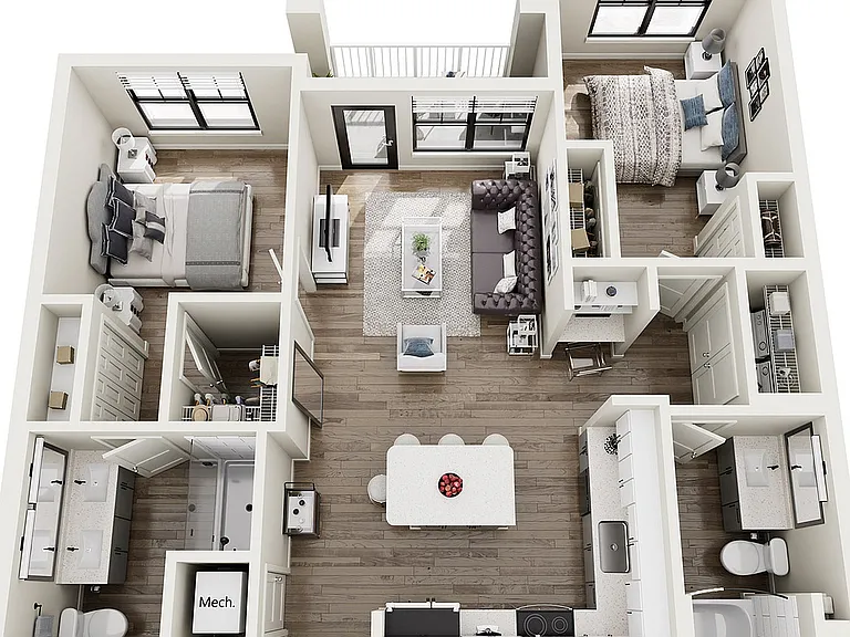 The Seine, 2/2, 1162 SF | Modern 3D floor plan showcasing two bedrooms, a sleek open-concept living area, and a contemporary kitchen, ideal for urban living. The Seine, 2/2, 1162 SF | Modern 3D floor plan showcasing two bedrooms, a sleek open-concept livi