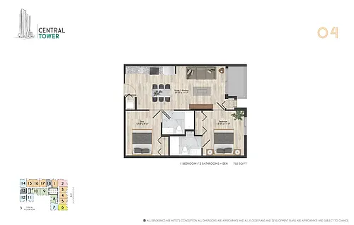 Floor plan One Bed - Two Baths - DEN