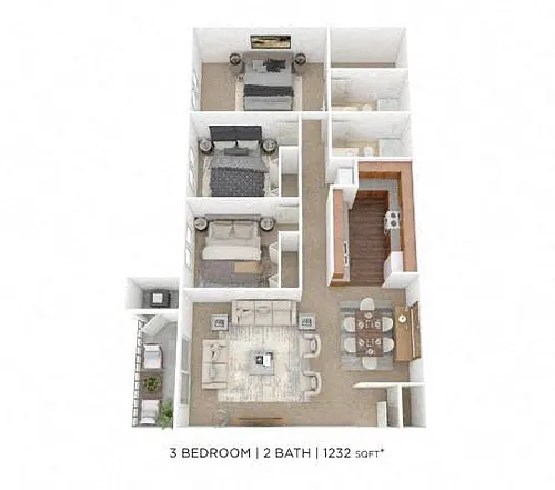 Floor plan Three Bedroom 2 Bath - 1,232 sqft