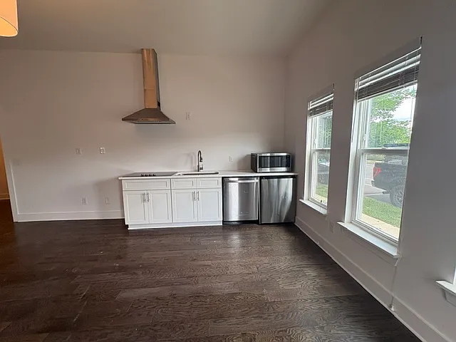 Downstairs is a studio apartment with a stovetop, sink, small refrigerator, dishwasher, and microwave