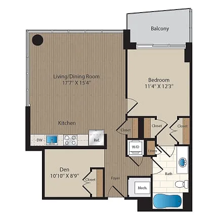 Floor plan 1 Bed-1 Bath Den-B1M2