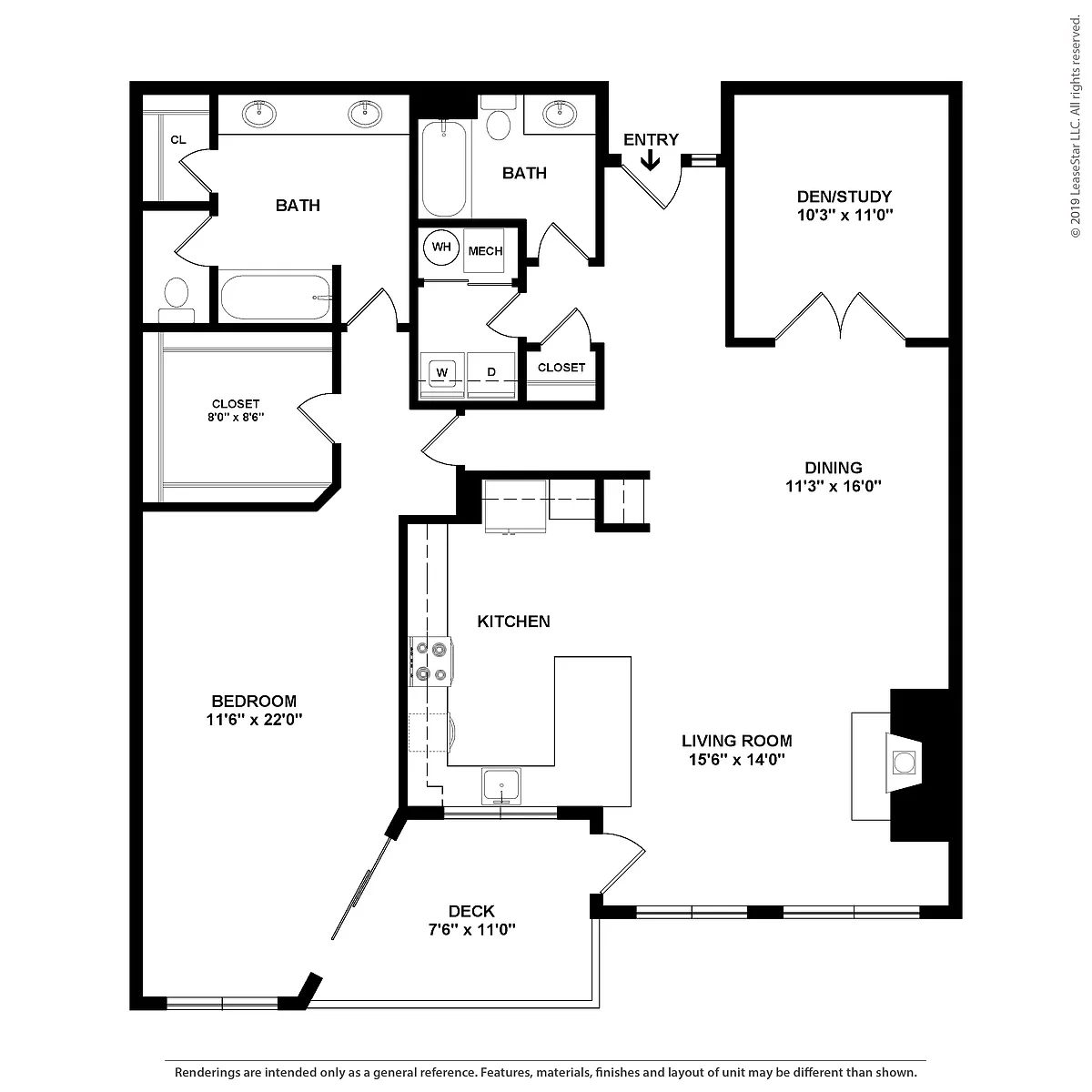 Floor plan 1 Bed/2 Bath Garage-Hillside