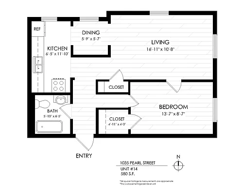 Floor plan 1 Bedroom, 1 Bath (Garden Level)