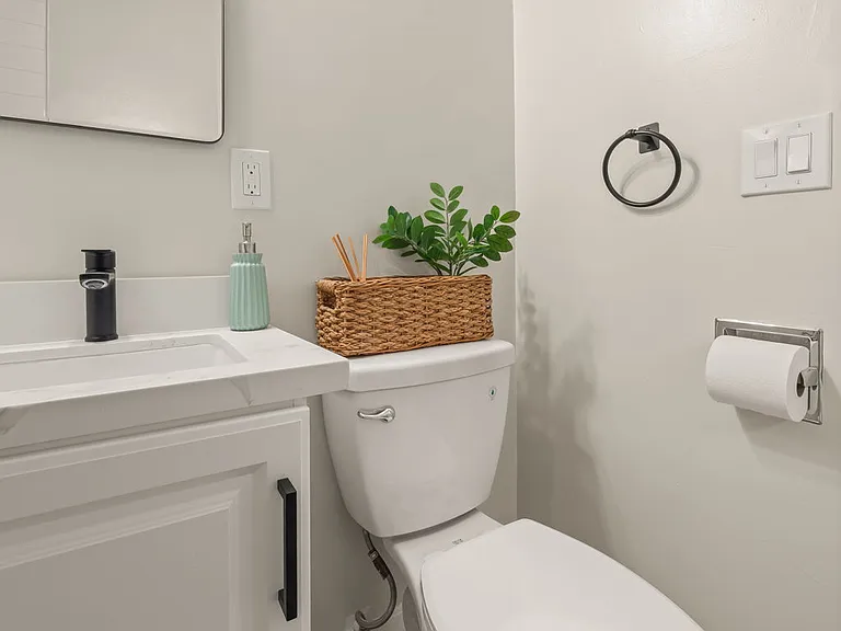 Fully stocked bathroom.