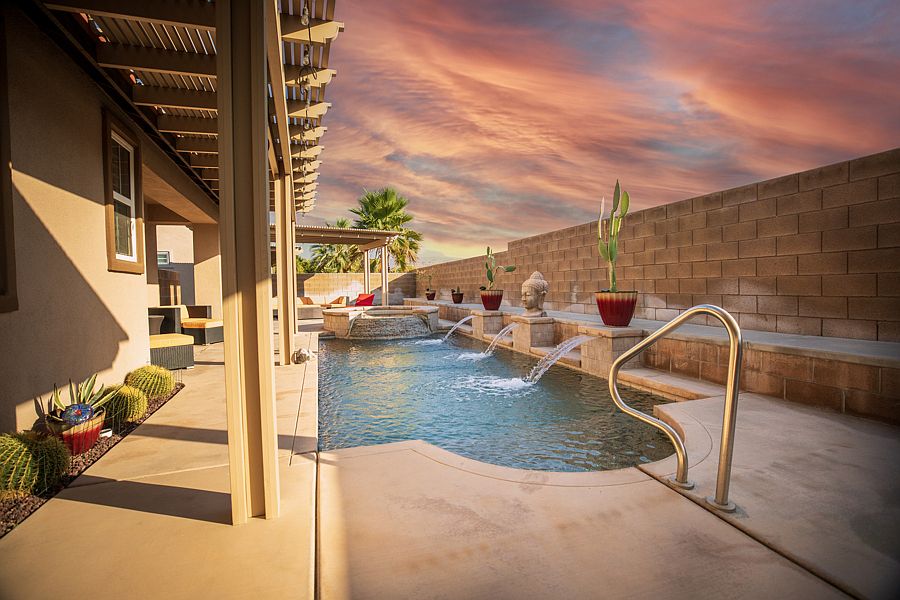 Pool/Hot Tub Area with Dining Table, Bar, Outdoor Sofa, and Fire Pit