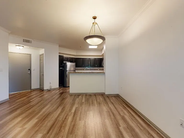 Apartment kitchen with stainless steel appliances, dining and living room with wood-style flooring.