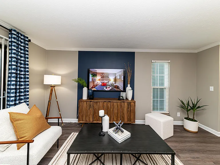 Spacious living room with hardwood-style flooring