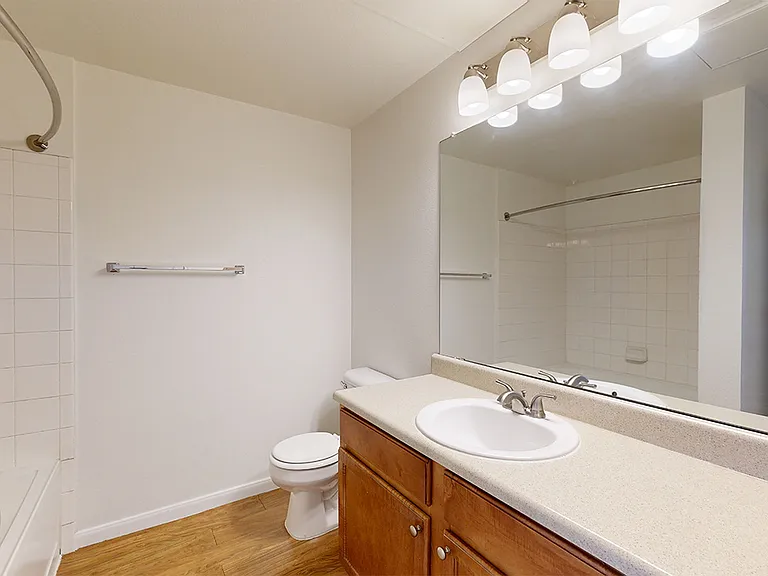 Apartment bathroom with large soaking tub and wood-style flooring.
