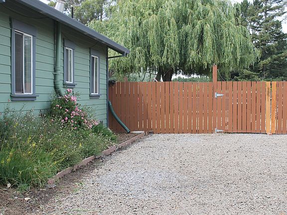 Big yard with shade trees, bamboo grove and outbuilding behind gate.