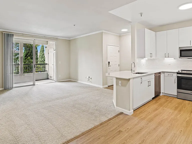 Kitchen with Stainless Steel Appliances and Carpeted Living Room
