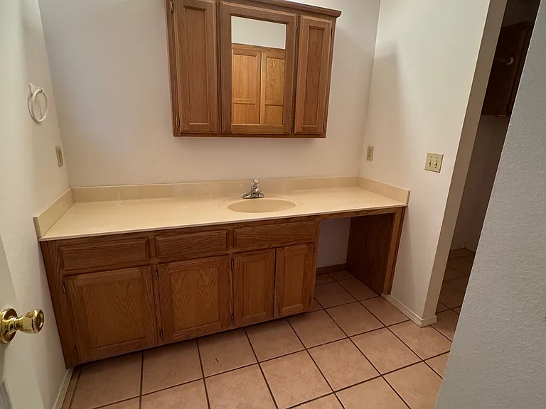 Walking into the bathroom with wheelchair access, also plenty of storage.
