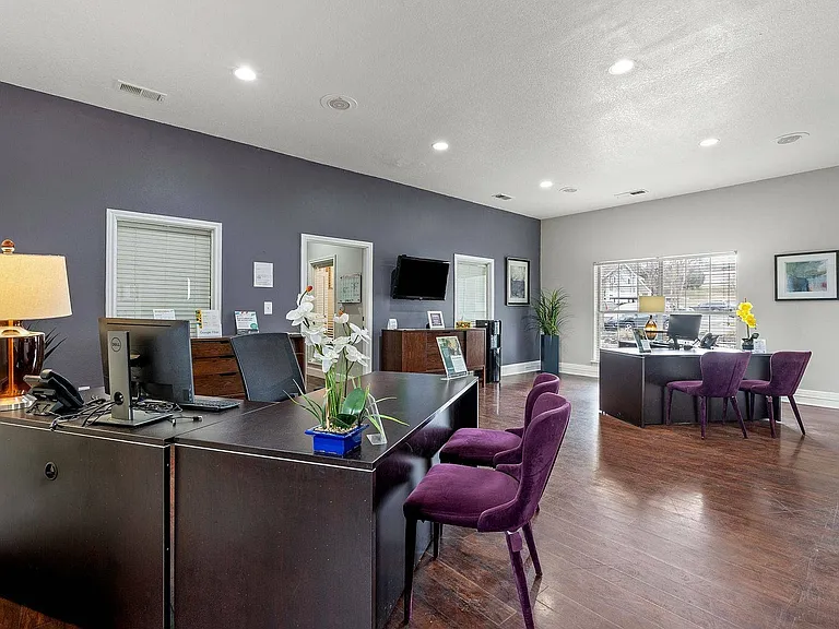 Comfortable seating area inside Avonmora's leasing office, Austin, Texas.