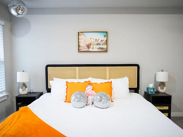 Master bedroom is located upstairs. Includes king bed, TV, and all furnishings and decorations