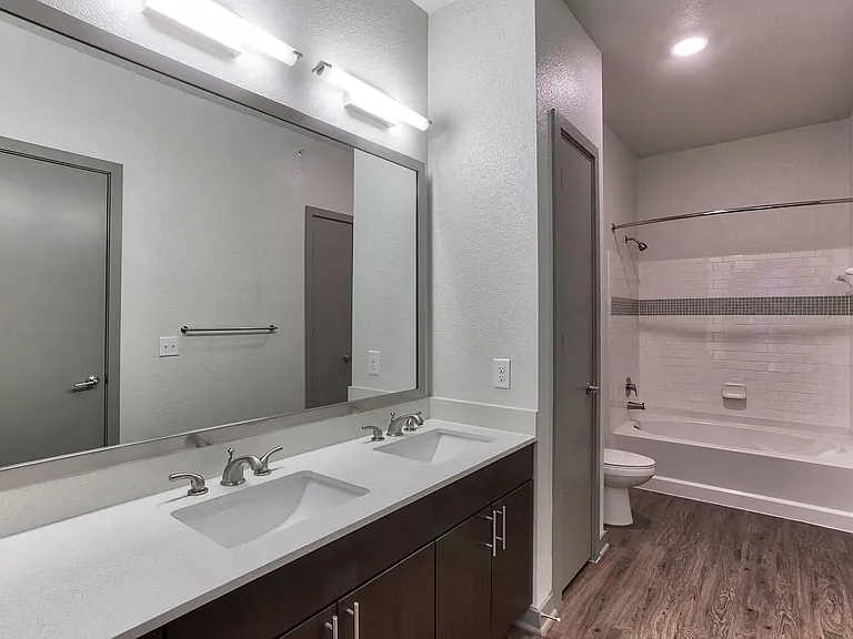 Wood-style flooring and espresso cabinetry design features in the modern bathroom